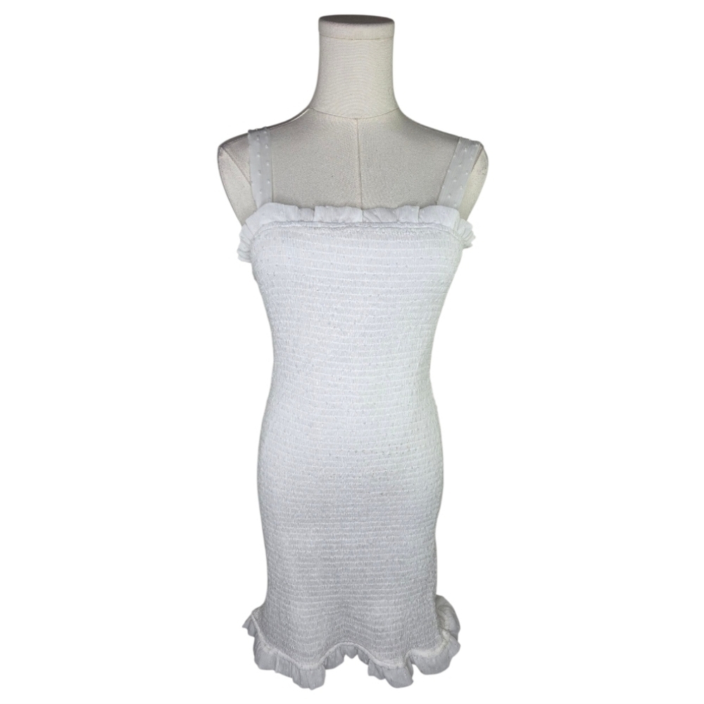 Sadie & Sage White Smocked Ruffle Mini Dress Swiss Dot Straps Size Small